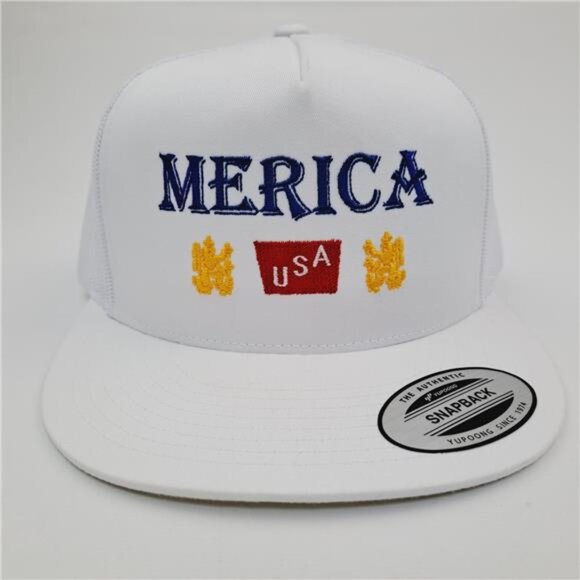 Merica Trucker Hat USA Flag Flat Bill Snapback Cap Patriotic 4th of July White - Picture 2 of 4